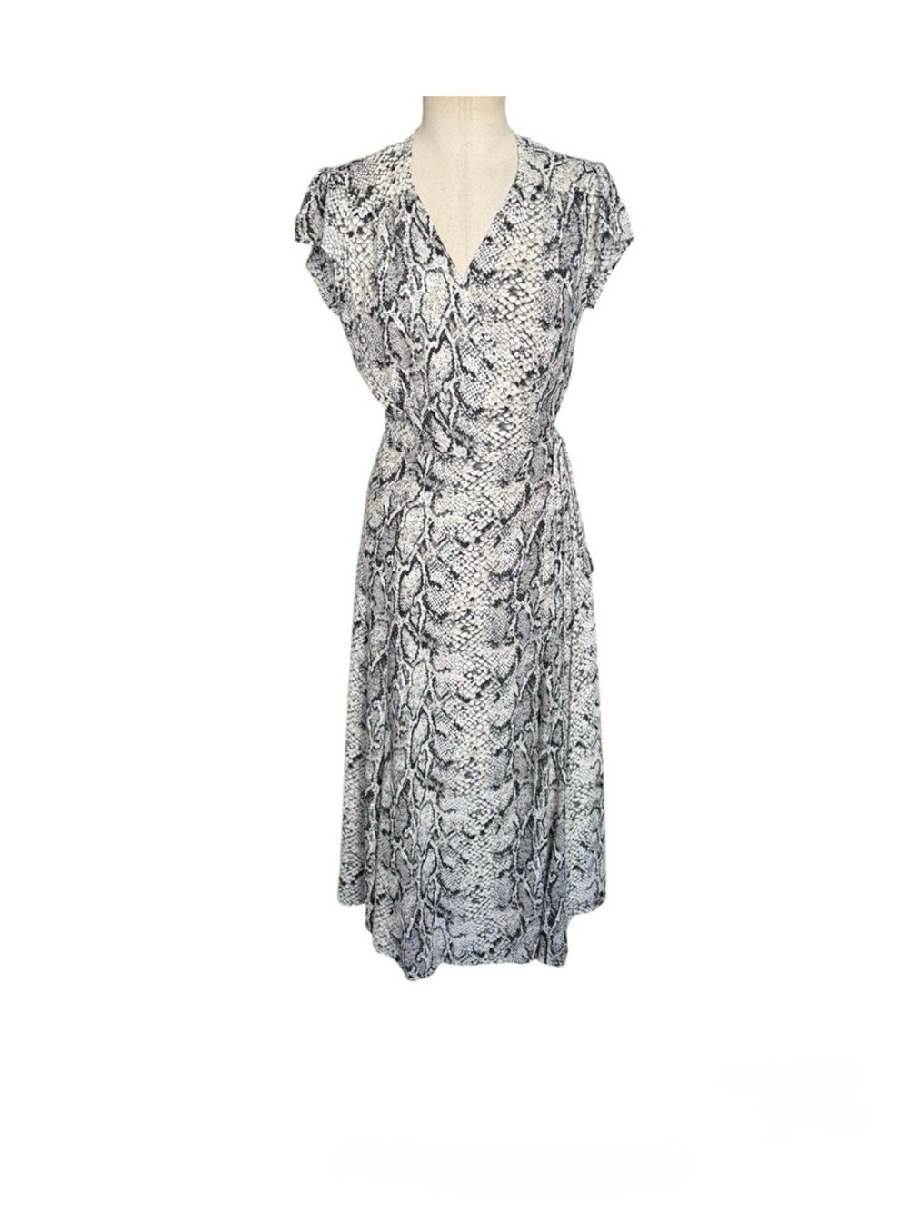 Reformation Black and White Python-Print Wrap Midi Dress